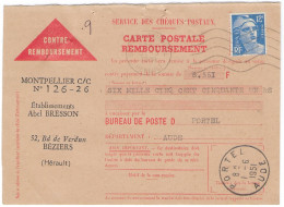 CARTE-POSTALE REMBOURSEMENT Gandon N°812 Béziers Principal 31 Mai 1951 Pour Portel - Tarif C-Postale Du 6 Janvier 1949 - Posttarife