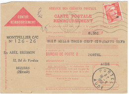 CARTE-POSTALE REMBOURSEMENT Gandon N°885 Béziers Principal 14 Août 1952 Pour Portel - Tarif C-Postale Du 6 Janvier 1949 - Tariffe Postali