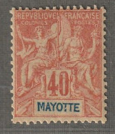 MAYOTTE - N°10 ** (1892-99) 40c Rouge-orange - Neufs