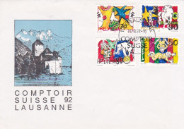Suisse -1992-- Enveloppe Illustrée  LAUSANNE -- COMPTOIR SUISSE --Belle Composition De Timbres ( Cirque) ..cachet - Storia Postale