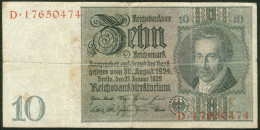 Deutsches Reich 10 Reichsmark 30. Aug. 1924 Serie D Rote Kenn Nr.17650474(8stellig) Rosenberg Nr.173 - 10 Mark