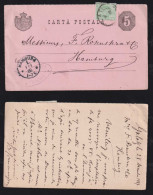 Rumänien Romania 1888 Uprated Stationery Postcard GALATI X HAMBURG Germany - Brieven En Documenten