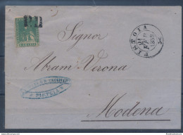 1857 TOSCANA, N. 14 4cr. Verde Azzurrino, Usato, Su Busta Da Pistoia Per Modena Del 21-02-1858, Annullato P.D. - Toscana