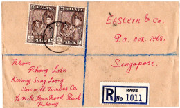 Malaya 1957, 3x 10 C. Tiger On Front And Backside Of Registered Cover From Raub - Autres - Asie