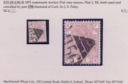 Ireland Cork 1875 Anchor 2½d Rosy Mauve, Scarce Plate 1, FK, Fresh Used With Part "156" Diamond Of Cork - Autres & Non Classés