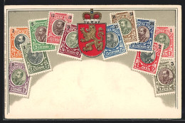 AK Briefmarken Und Wappen Mit Goldenem Löwen  - Stamps (pictures)