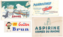 Lot De 4 Buvards (6) AMORA - ASPIRINE - POIVROSSAGE - BRUN Biscuit  Avec Défauts :taches,  Pliures,déchirures Etc. Etc - Verzamelingen & Reeksen