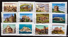 LES 12 TIMBRES DU CARNET " CHÂTEAUX MOYEN AGE " OBLITÉRÉS SUR FRAGMENTS (1049)_T2182 - Usati