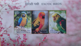 PARROTS - EXOTIC BIRDS - MACAW - BLUE THROATED MACAW - SUN CONURE - MAGNUM AMAZON -MINIATURE SHEET - INDIA - 2016 - - Parrots