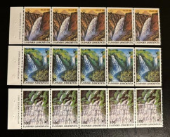 GREECE, 1988, WATERFALLS,  STRIP OF 5 (ONE STAMPS WITH NUMBER), HORIZONTALLY IMPERFORATE MNH - Unused Stamps