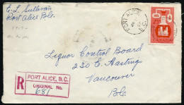 1957 Registered Cover 25c Chemical CDS Port Alice BC To Vancouver Barrel - Histoire Postale