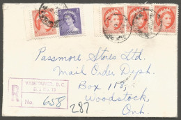 1954 Registered Cover 28c Wilding/Karsh RPO CDS Vancouver BC To Woodstock Ontario - Historia Postale