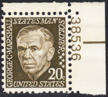 !a! USA Sc# 1289 MNH SINGLE From Upper Right Corner W/ Plate-# 38536 - George C. Marshall - Nuovi