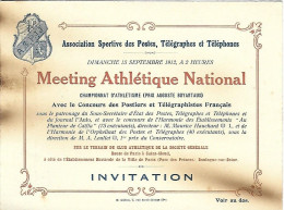 Carte Carton INVITATION - Association Sportive Des Postes - MEETING ATHLETIQUE NATIONAL - 15 Septembre 1912 - St CLOUD - Cartes De Visite