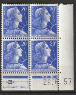 N° 1011B Marianne De Muller: Beau Bloc De 4 Timbres Neuf Impéccable Coins Datés 16.6.57 - 1950-1959