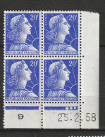 N° 1011B Marianne De Muller: Beau Bloc De 4 Timbres Neuf Impéccable Coins Datés 23.5.58 - 1950-1959