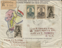 FRENCH INDIA - SPECTACULAR 8 R. 1 FA. 12 CA. FRANKING ON ILLUSTRATED REGIST. ENVELOPE FROM PONDICHERY TO THE USA - 1953 - Covers & Documents