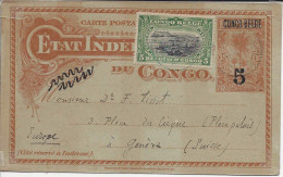 ELISABETHVILLE 1911, Carte Postale 15 C Surchargé 5 C Et CONGO BELGE + Timbre 5 C, Pour La Suisse Genève - Postwaardestukken