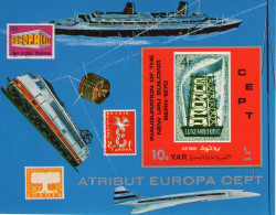 Yemen 1970, Stamps Europa CEPT, Concorde, Train, Ships, Block IMPERFORATED - Trains