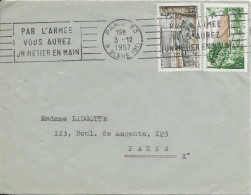MILITARIA  PARIS 83 RUE BLEUE 1957 - FLAMME CONTINUE PAR L ARMEE VOUS AUREZ UN METIER EN MAIN ( BREST ET GUADELOUPE ) - Documents