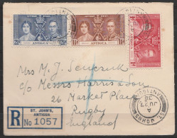 Antigua - Couronnement De George VI - L. Recom. Càd "ST.JOHN/JU 27/1938" Pour RUGBY - 1858-1960 Colonie Britannique