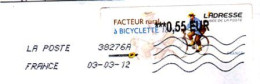 VIGNETTE LISA " FACTEUR RURAL À BICYCLETTE (2011) " OBLITÉRÉE TOSHIBA SUR ENVELOPPE ENTIÈRE (_E434) - 2010-... Illustrated Franking Labels