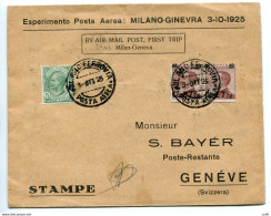 Milano/Ginevra Del 3.10.25 - Aerogramma Del Primo Volo - Storia Postale (Posta Aerea)