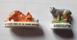 Lot 2 Fèves Fables De La Fontaine - Le Vieux Chat Et La Jeune Souris, Le Renard Et L'enfant Bonne Pioche Lynx - Animals