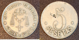 2232 ESPAÑA 1970 FICHA 5 PESETAS DE LA COOPERATIVA OBRERA DE SAN JUAN DE HORTA - 10 Céntimos