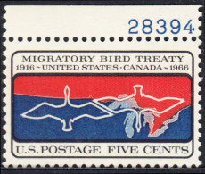 !a! USA Sc# 1306 MNH SINGLE W/ Top Margin & Plate-# 28394 - Migratory Bird Treaty - Nuovi