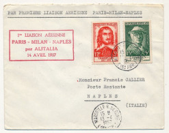 Env Affr. 12F + 3F Chaplain - 15F +5F Chardin - 1ere Liaison Aérienne Paris-Milan-Naples Par Alitalia 14/4/1957 - First Flight Covers