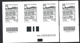 Italia 2016; 40° Fondazione Quotidiano "la Repubblica": 2 Barre Opposte + Coppia Con Alfanumerico. - Bar-code