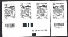 Italia 2016; 40° Fondazione Quotidiano "la Repubblica": 2 Barre Opposte + Coppia Con Alfanumerico. - Code-barres