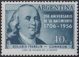 Argentina 571 1956 250 Años Del Nacimiento  De Benjamin Franklin MH - Autres & Non Classés
