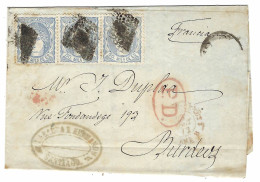 1872 - Lettre De SANTIAGO  Pour Bordeaux Affr. Bande De 3 Du 50 Mils - Storia Postale