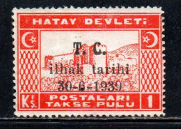 HATAY 1939 OVERPRINTED DATE 30 6 1939 ANNEXATION TO THE TURKEY TURKISH REPUBLIC 1ku MLH - 1934-39 Sandjak D'Alexandrette & Hatay