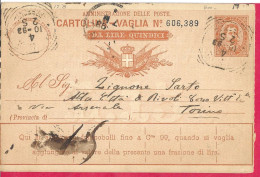 INTERO CARTOLINA-VAGLIA UMBERTO C.20 DA LIRE 15 (CAT. INT. 8Ba) -VIAGGIATA DA PISA*4.10.93* PER TORINO - Stamped Stationery