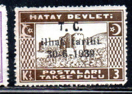 HATAY 1939 OVERPRINTED DATE 30 6 1939 ANNEXATION TO THE TURKEY TURKISH REPUBLIC 3ku MLH - 1934-39 Sandjak D'Alexandrette & Hatay