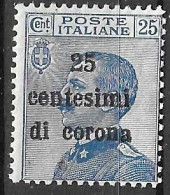 ITALIA - OCC. TRENTO E TRIESTE - 1919 - 25 C. DI CORONA/25C. - NUOVO MH*.  (YVERT 6 - MICHEL 6 - SS  6) - Trento & Trieste