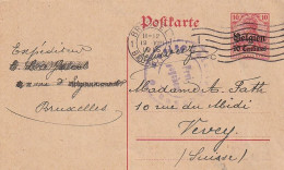 Deutsche Besetzung Belgien - Postkarte 10 Cent. - Brüssel Via Aachen Nach Vevey - 1915  (67810) - Occupation 1914-18