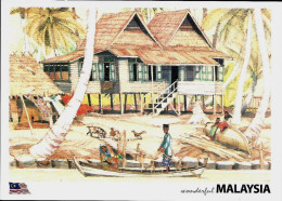 Malaysia Postcard Riverbank Kampung House MINT Transport Boat Fauna Bird Chicken Coconut Tree - Malaysia