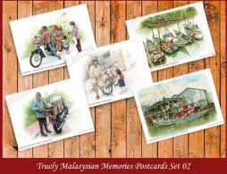 Malaysia Truly Malaysian Memories – SET 2 A Day On Work Postcard MINT Transport Motorcycle Food Bicycle Boat Lifestyle - Malaysia