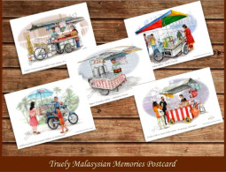 Malaysia Truly Malaysian Memories – SET 5 Mobile Hawkers Postcard MINT Food Bicycle Motorcycle Lifestyle Street Vendor - Malaysia