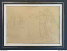 Original-Zeichnung "Drei Frauen Zwei Männer" Von Harald Conradsen (Kopenhagen 1817-1905) - Zeichnungen