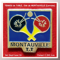 SUPER PIN'S "TENNIS De TABLE "MONTAUVILLE" Région Lauraiarraine En Bel Email Cloisonné Base Or, Format 2,3X1,1cm - Tiro Con L'Arco