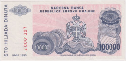 CROATIA , SERB KRAJINA 100 000 DINARA 1993 REPLACMENT , UNC - Croacia