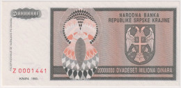 CROATIA , SERB KRAJINA 20 000 000 DINARA 1993 REPLACMENT , UNC - Croatia