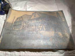 Dessin Original Ancien Maison, Alsacienne, Vache, Strasbourg, Colmar, Village, Alsacien - Drawings