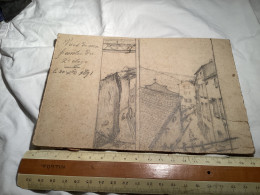 Dessin Original Ancien Dessin Sur Carton Vue De Ma Fenêtre Du Deuxième étage Le Xe  1891 - Dibujos