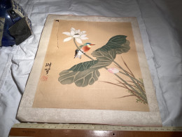 Dessin Original Ancien Dessin Chinois Japonais, Fleurs Oiseaux Sur Une Branche De Fleurs En L’état - Zeichnungen